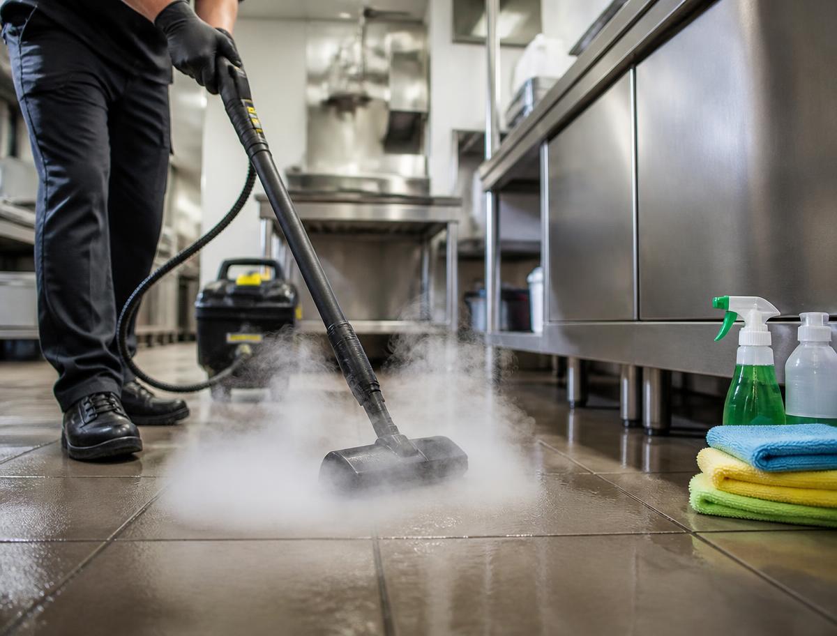 Professional steam mop deep cleaning a commercial tiled kitchen floor